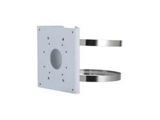 Witte Dahua PFA156H aluminium paalmontagebeugel met twee metalen bevestigingsringen voor buiten.