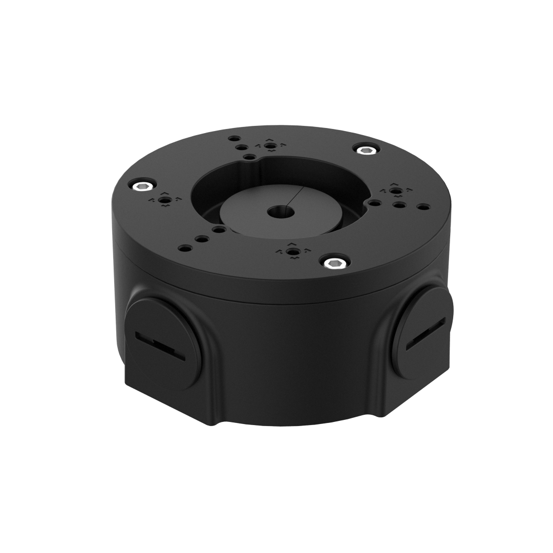Zwarte aluminium junction box voor Dahua dome camera's met kabeluitlaten en IP66-bescherming.