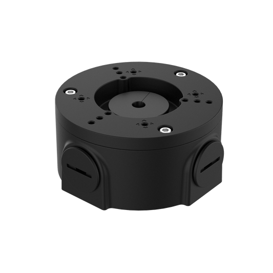 Zwarte aluminium junction box voor Dahua dome camera's met kabeluitlaten en IP66-bescherming.