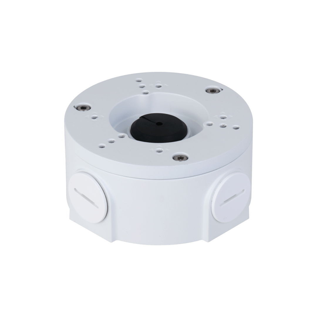 Witte, ronde Dahua PFA3300R aluminium junction box voor IP-camera's met kabeluitgangen en IP66-bescherming.
