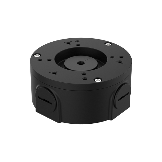 Zwarte Dahua PFA3310R aluminium junction box voor IP-camera's met kabeluitgangen en IP66-bescherming.