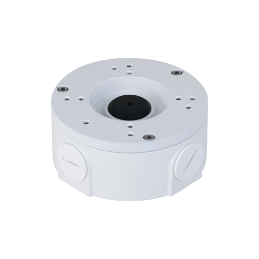 Witte, ronde Dahua PFA3310RA junction box van aluminium met kabeluitgangen voor buitenmontage van IP-camera's.