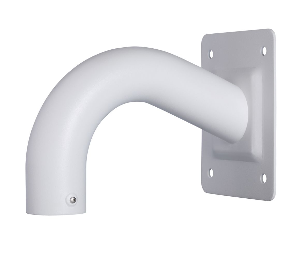 Witte Dahua PFB300S aluminium muurbevestigingsbeugel voor camera's met een gebogen design van 160x160x228mm.