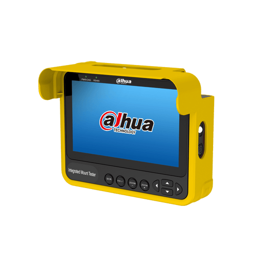 Dahua PFM904 compacte gele mount tester met scherm, zonnekap en bedieningsknoppen voor videobewakingssystemen.