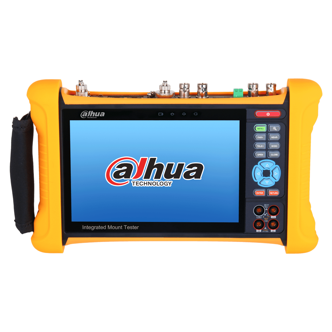 Dahua PFM906-E 7-inch IPS touchscreen mount tester met gele behuizing, fysieke knoppen en diverse aansluitpoorten.