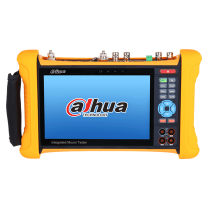 Dahua PFM906-E 7-inch IPS touchscreen mount tester met gele behuizing, fysieke knoppen en diverse aansluitpoorten.