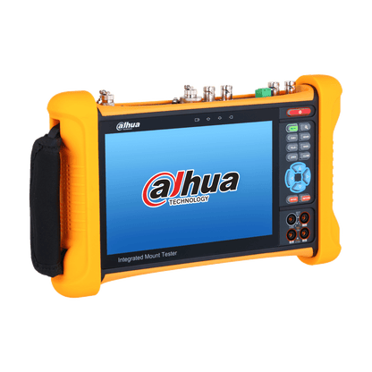 Dahua PFM906-E 7-inch IPS touchscreen mount tester met gele beschermende behuizing en fysieke bedieningsknoppen.