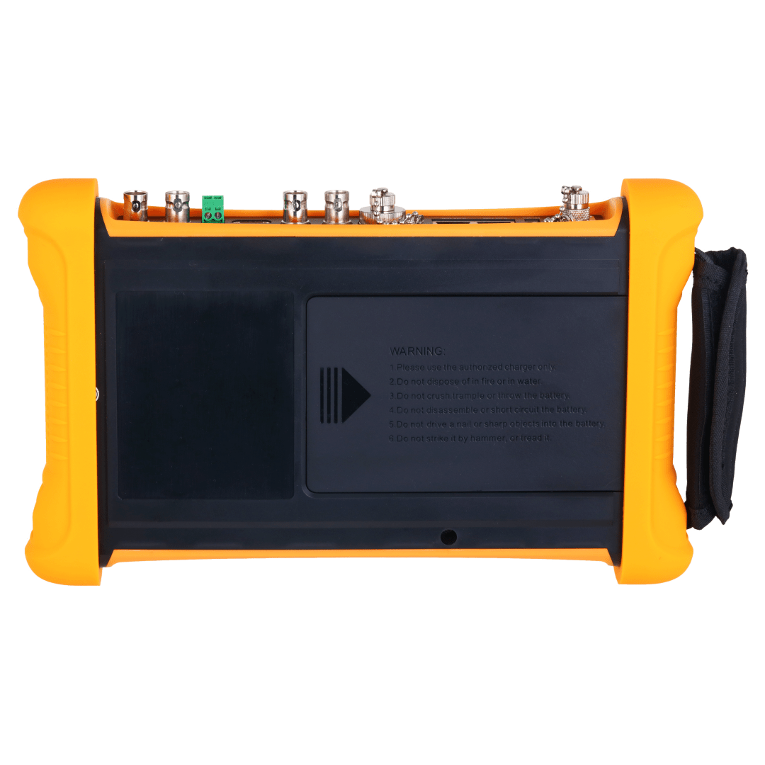 Achterkant van de Dahua PFM906-E tester met oranje beschermrand, zwarte behuizing en diverse aansluitpoorten.