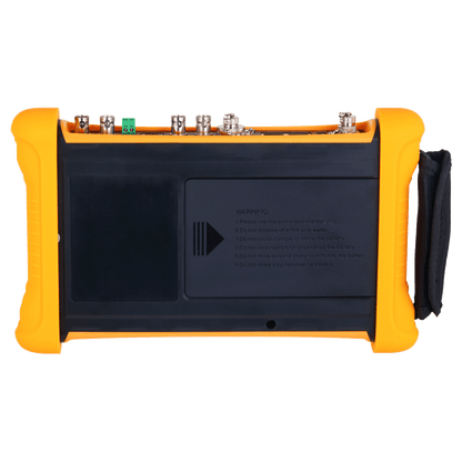 Achterkant van de Dahua PFM906-E tester met oranje beschermrand, zwarte behuizing en diverse aansluitpoorten.