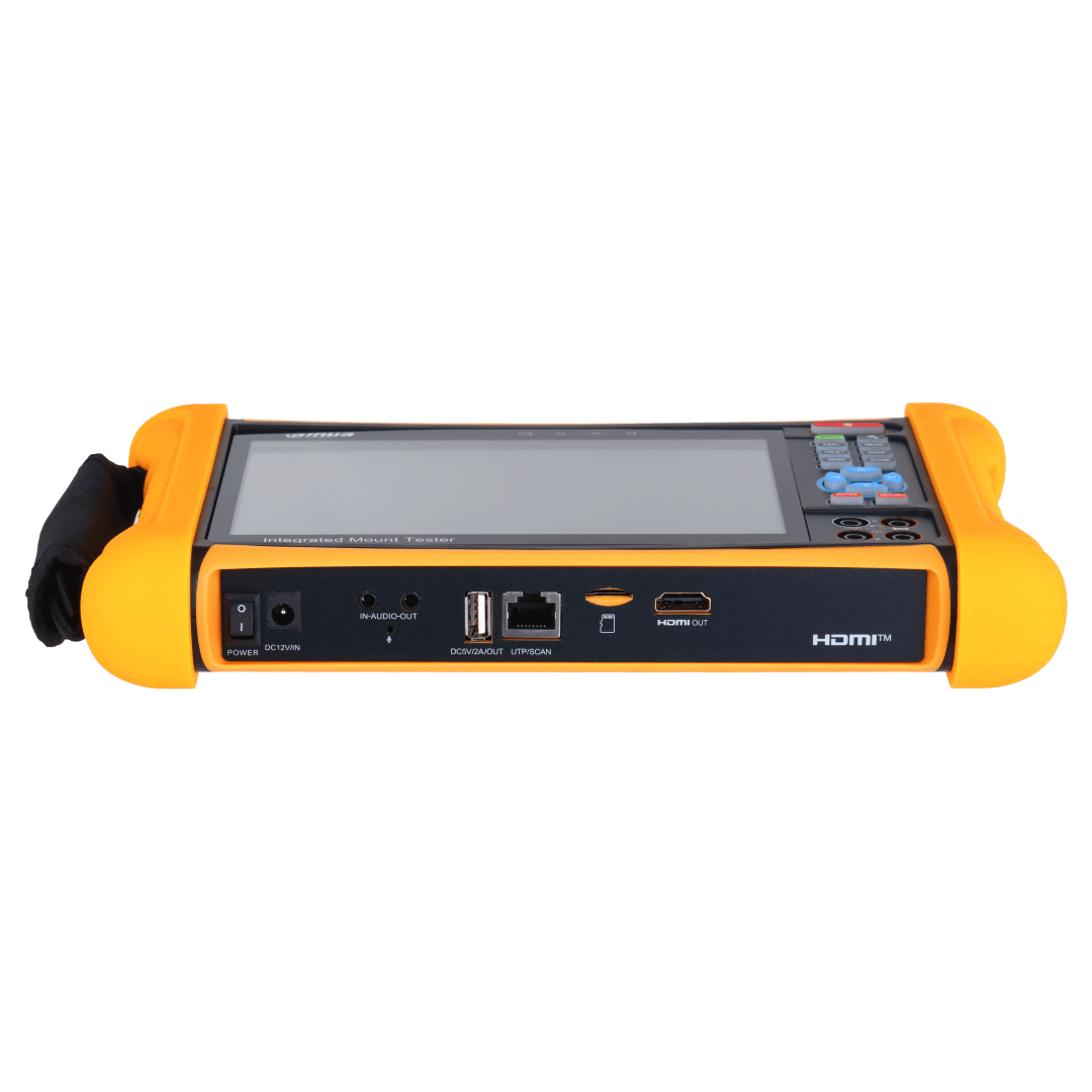 Dahua PFM906-E mount tester met 7 inch touchscreen, oranje behuizing en diverse aansluitpoorten zoals HDMI en USB.