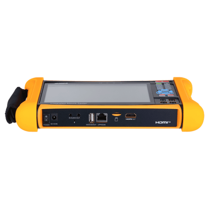 Dahua PFM906-E mount tester met 7 inch touchscreen, oranje behuizing en diverse aansluitpoorten zoals HDMI en USB.