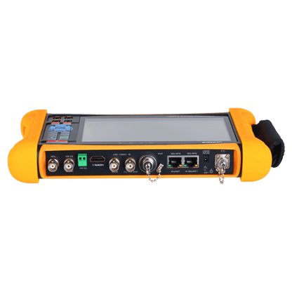 Dahua PFM906-E mount tester met 7 inch touchscreen, oranje beschermrand en diverse aansluitpoorten voor camerabeheer.