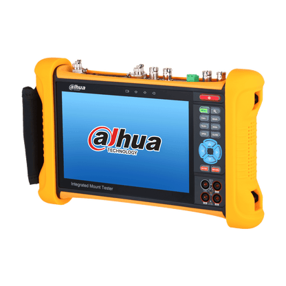 Dahua PFM906-E 7-inch IPS touchscreen mount tester met gele beschermende behuizing en diverse aansluitpoorten.