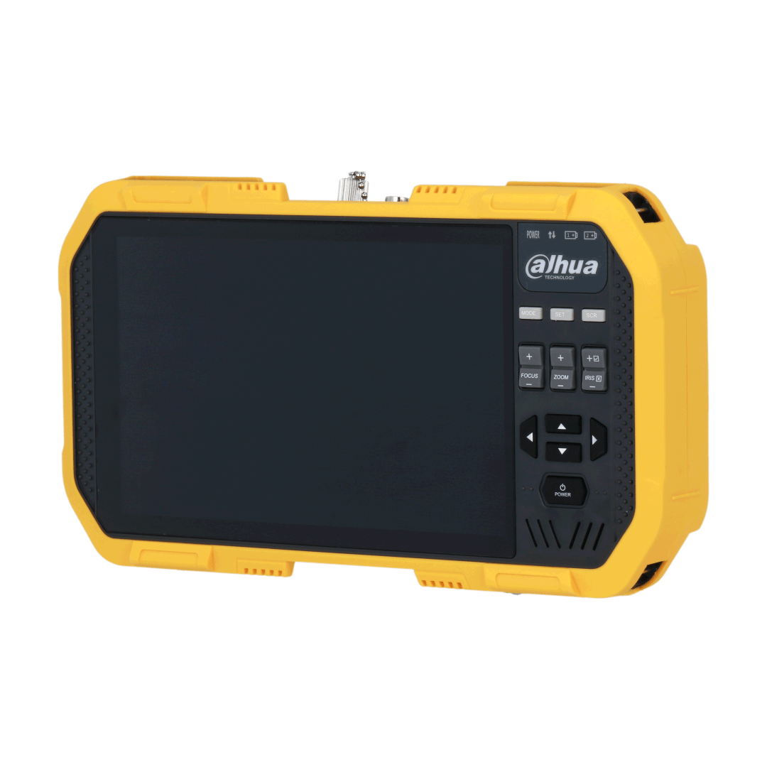Dahua PFM907-E 7-inch touchscreen tester met gele robuuste behuizing en fysieke bedieningsknoppen voor camerabeheer.