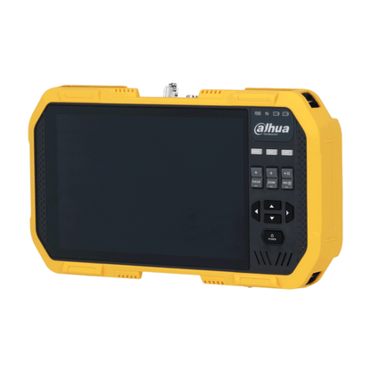 Dahua PFM907-E 7-inch touchscreen tester met gele robuuste behuizing en fysieke bedieningsknoppen voor camerabeheer.