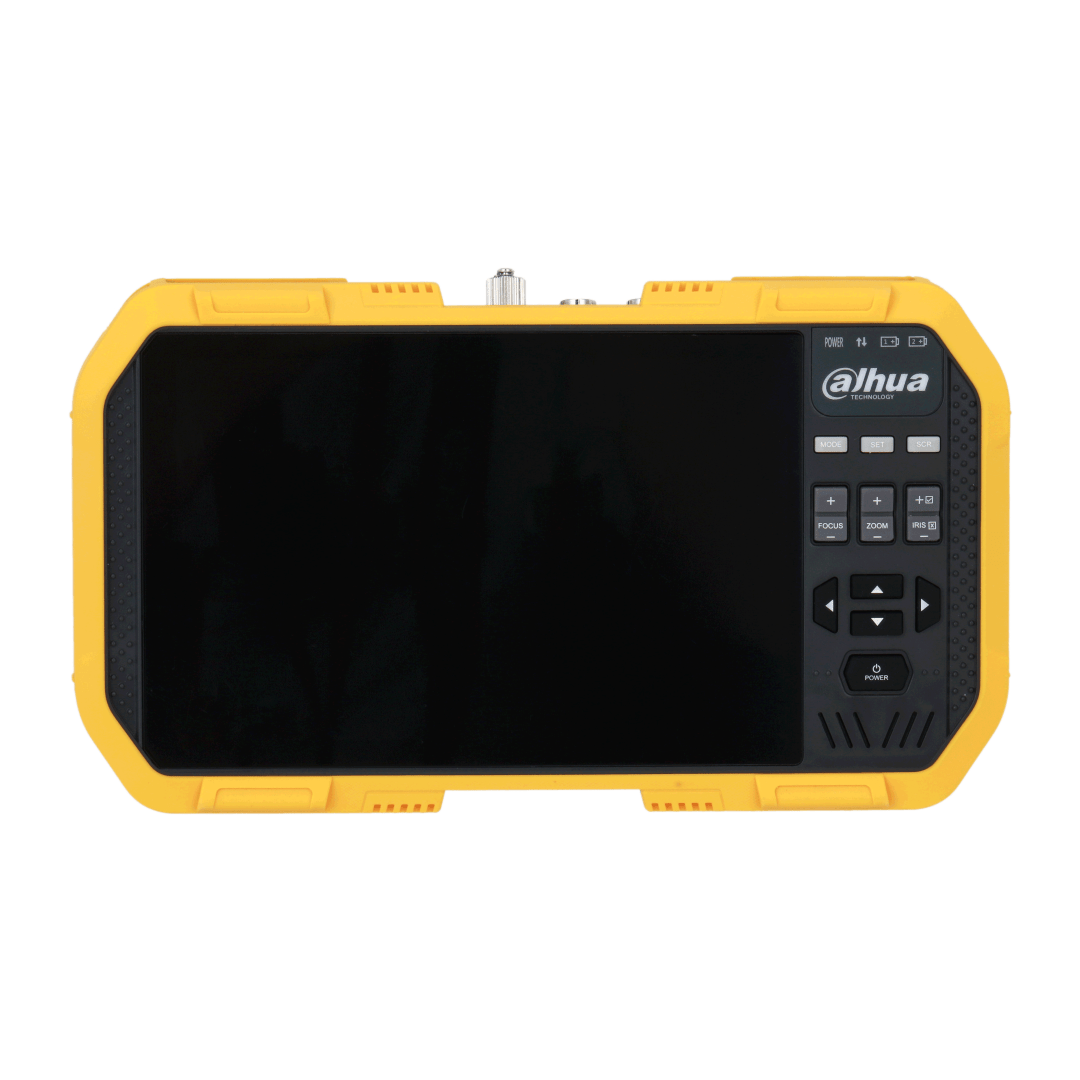 Dahua PFM907-E 7-inch touchscreen mount tester met gele beschermende behuizing en zwarte bedieningsknoppen.