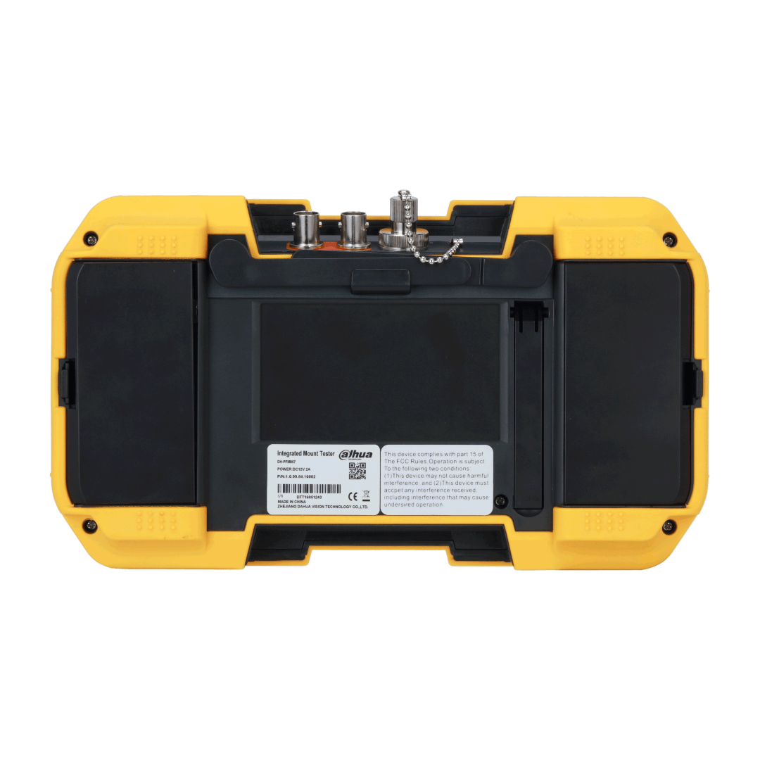 Achterkant van de gele Dahua PFM907-E mount tester met zwarte behuizing, aansluitpoorten en productinformatielabel.