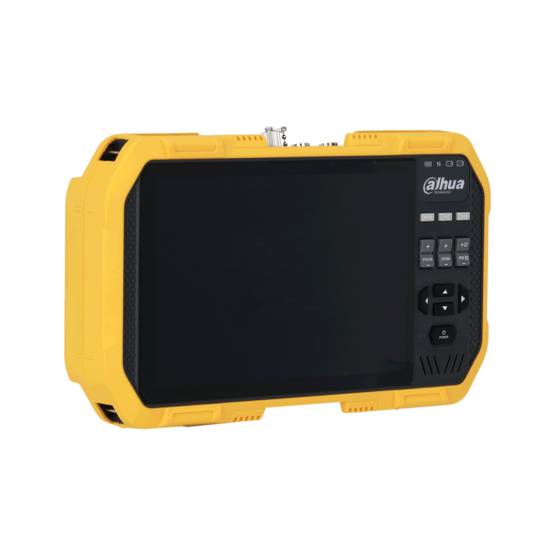 Dahua PFM907-E 7-inch touchscreen mount tester met gele robuuste behuizing en fysieke bedieningsknoppen.