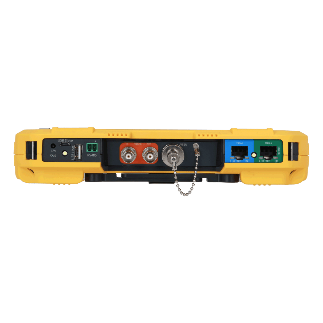 Geel Dahua PFM907-E montagetester bovenaanzicht met diverse aansluitpoorten, BNC-connectoren en PoE-netwerkaansluitingen.