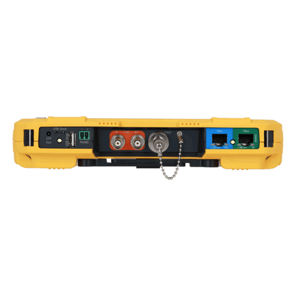 Geel Dahua PFM907-E montagetester bovenaanzicht met diverse aansluitpoorten, BNC-connectoren en PoE-netwerkaansluitingen.