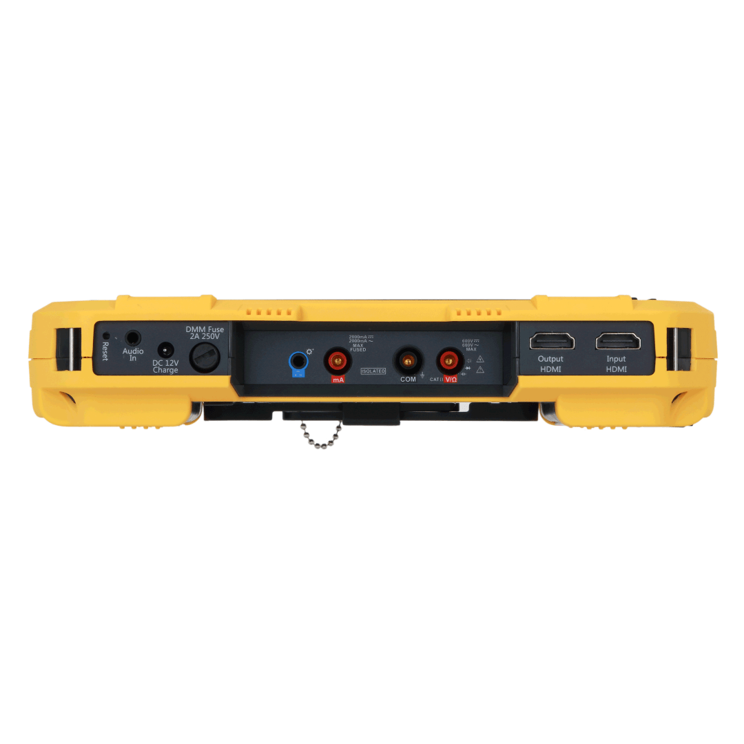 Dahua PFM907-E tester met gele behuizing, voorzien van HDMI-poorten, multimeter-aansluitingen en audio-ingang.