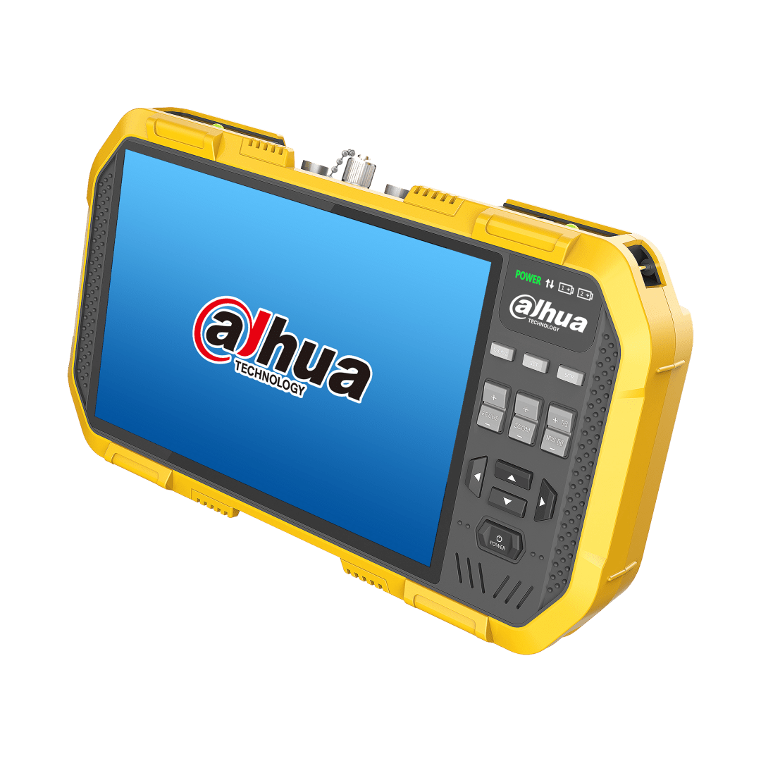 Dahua PFM907-E 7-inch touchscreen mount tester in geel met robuuste behuizing en fysieke bedieningsknoppen.