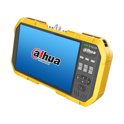 Dahua PFM907-E 7-inch touchscreen mount tester in geel met robuuste behuizing en fysieke bedieningsknoppen.