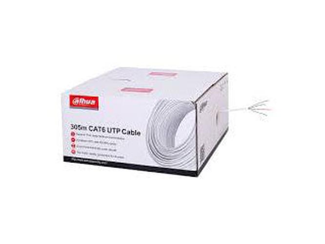 Witte doos met 305 meter Dahua CAT6 U/UTP netwerkkabel op rol voor professionele IP-camera installaties.