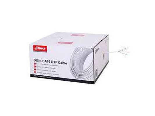 Witte doos met 305 meter Dahua CAT6 U/UTP netwerkkabel op rol voor professionele IP-camera installaties.