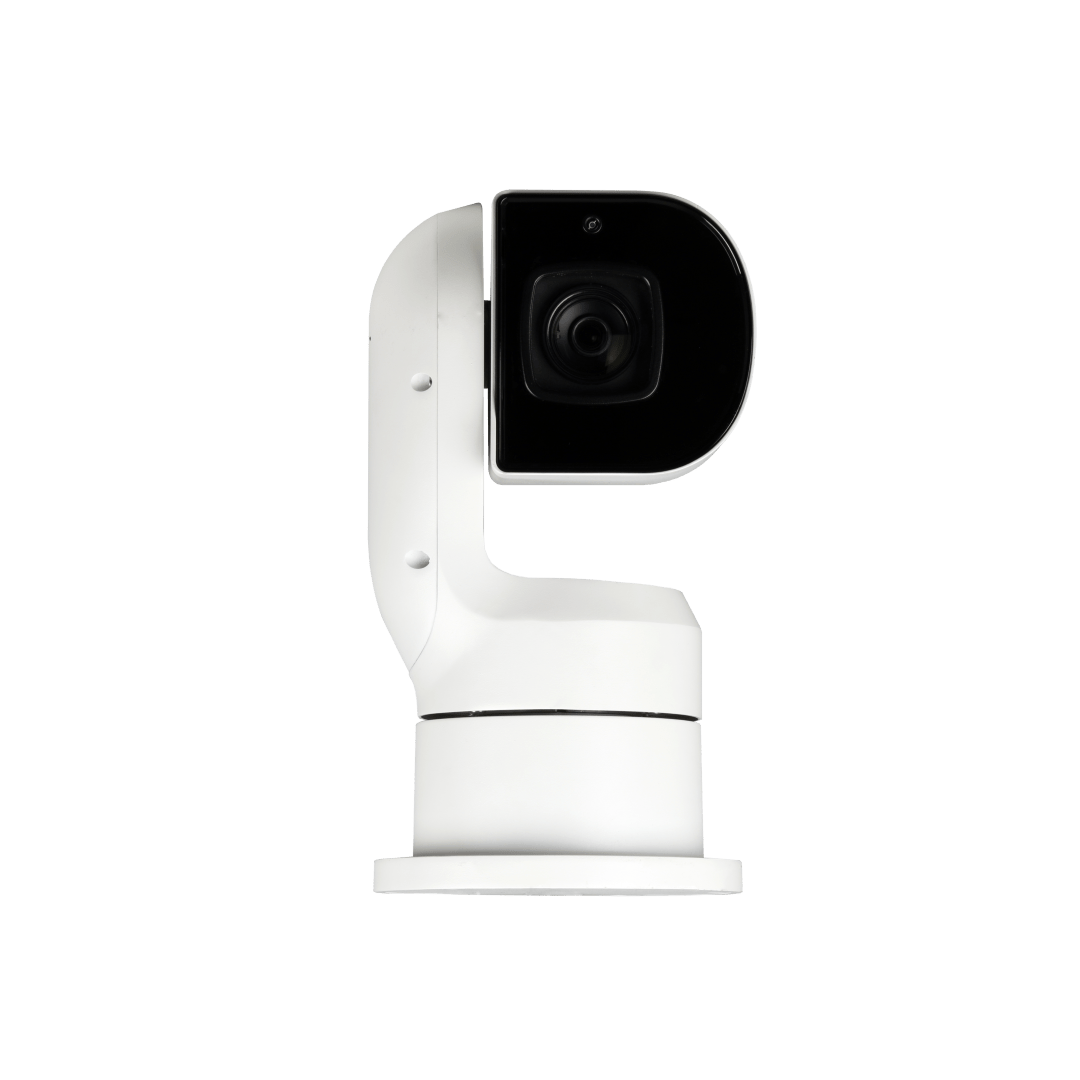 Witte Dahua WizMind PTZ-beveiligingscamera met 25x optische zoom en zwarte lensbehuizing op een witte achtergrond.