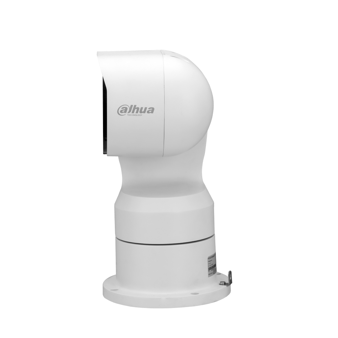 Witte Dahua WizMind PTZ-beveiligingscamera met 25x zoom en IR-verlichting op een ronde voetsteun tegen witte achtergrond.