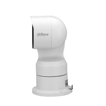 Witte Dahua WizMind PTZ-beveiligingscamera met 25x zoom en IR-verlichting op een ronde voetsteun tegen witte achtergrond.