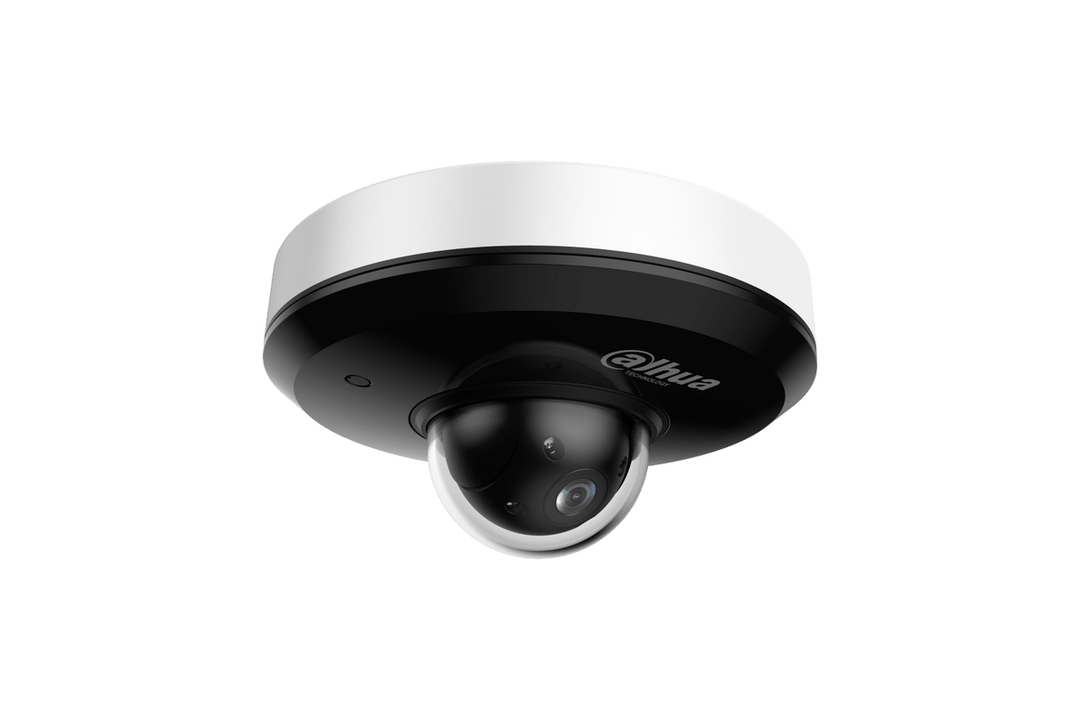 Witte Dahua 4MP mini PTZ dome camera met zwarte lensbehuizing en compact design voor buitenbeveiliging.