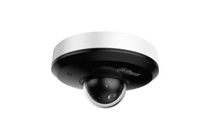 Witte Dahua 4MP mini PTZ dome camera met zwarte lensbehuizing en compact design voor buitenbeveiliging.