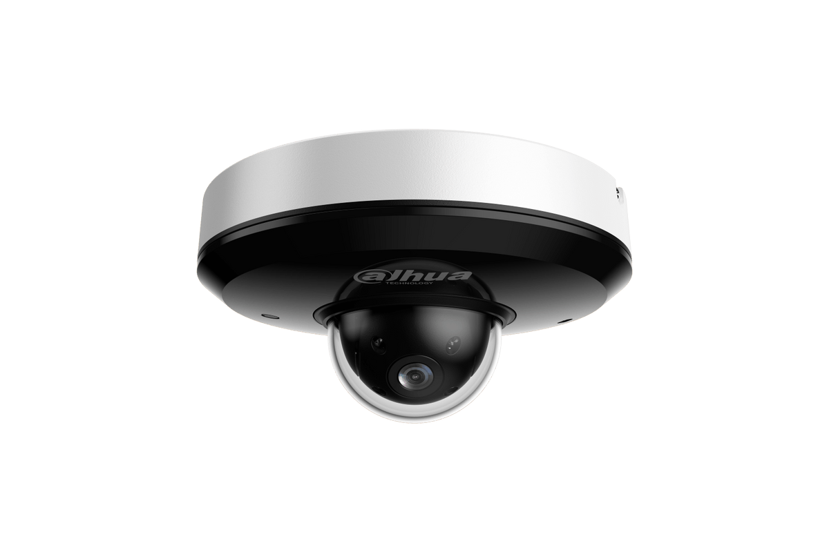 Witte Dahua 4MP mini PTZ dome camera met zwarte lensbehuizing en compact, robuust design voor buitenbeveiliging.