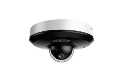 Witte Dahua 4MP mini PTZ dome camera met zwarte lensbehuizing en compact, robuust design voor buitenbeveiliging.