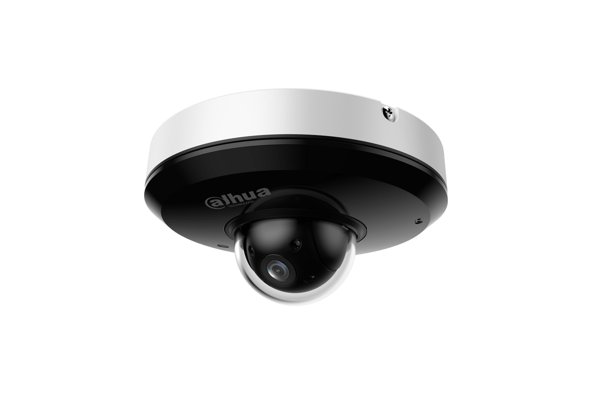 Witte Dahua 4MP mini PTZ dome camera met zwarte lensbehuizing en compact, robuust design voor buitenbeveiliging.