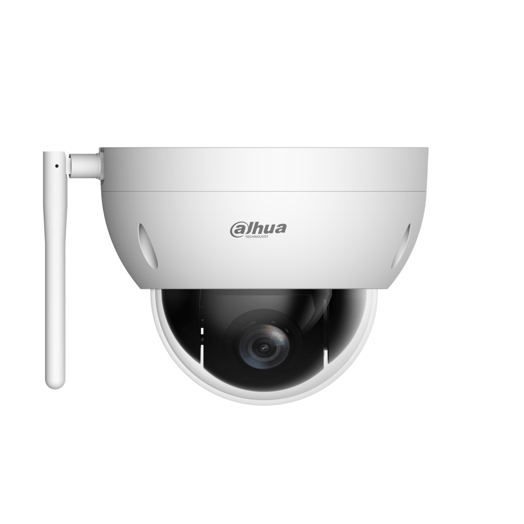 Witte Dahua WiFi PTZ mini speed dome camera met 4x optische zoom en robuuste vandaalbestendige behuizing.