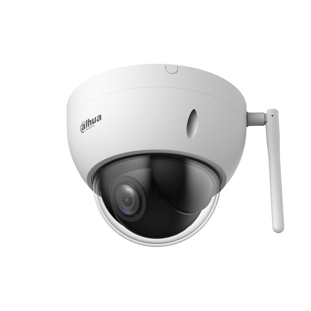 Witte Dahua PTZ mini speed dome camera met WiFi-antenne en transparante koepel voor buitenbeveiliging.