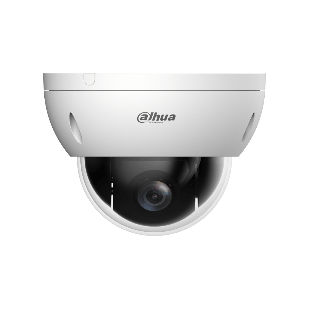 Witte Dahua WizSense mini PTZ dome camera met 4x optische zoom en zwarte lens voor professionele beveiliging.