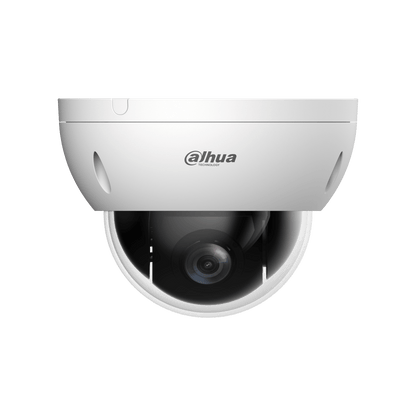 Witte Dahua WizSense mini PTZ dome camera met 4x optische zoom en zwarte lens voor professionele beveiliging.