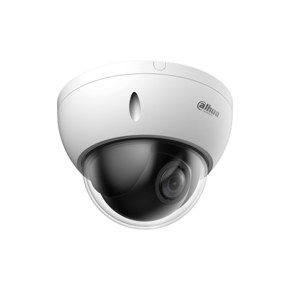 Witte Dahua WizSense mini PTZ dome camera met 2MP lens, 4x optische zoom en strak, compact design voor plafondmontage.