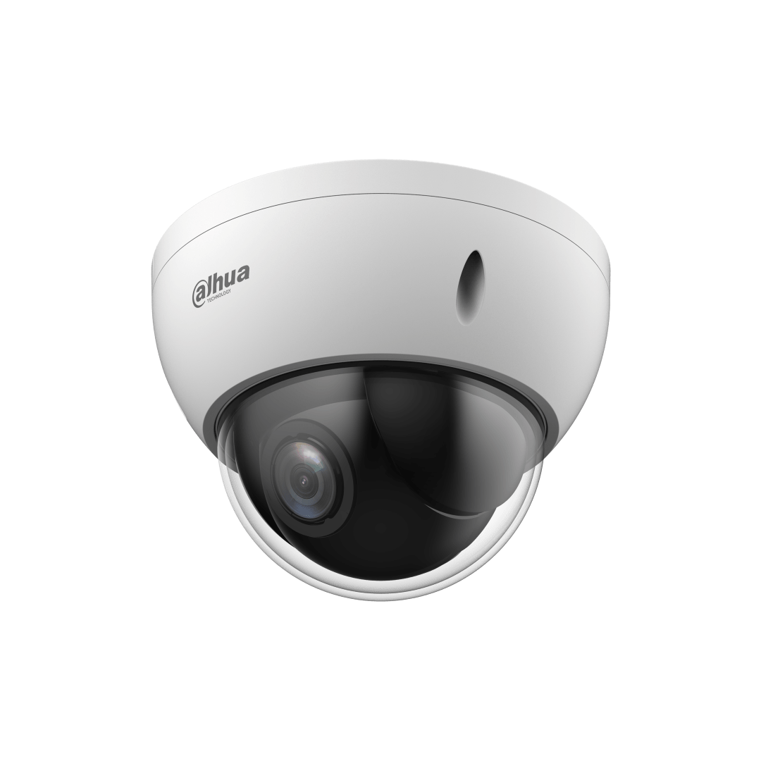 Witte Dahua WizSense mini PTZ dome camera met zwarte lens en compact design voor plafondmontage.