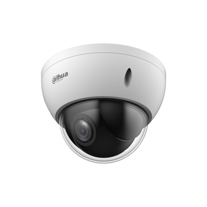 Witte Dahua WizSense mini PTZ dome camera met zwarte lens en compact design voor plafondmontage.