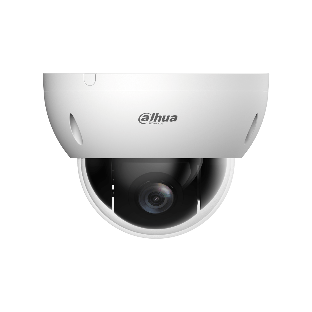 Witte Dahua WizSense mini PTZ dome camera met zwarte lens en compact design voor professionele camerabewaking.