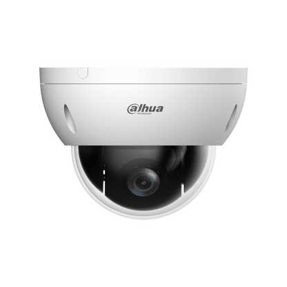Witte Dahua WizSense mini PTZ dome camera met zwarte lens en compact design voor professionele camerabewaking.
