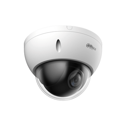 Witte Dahua WizSense mini PTZ dome camera met 4MP lens en transparante koepel voor professionele videobewaking.
