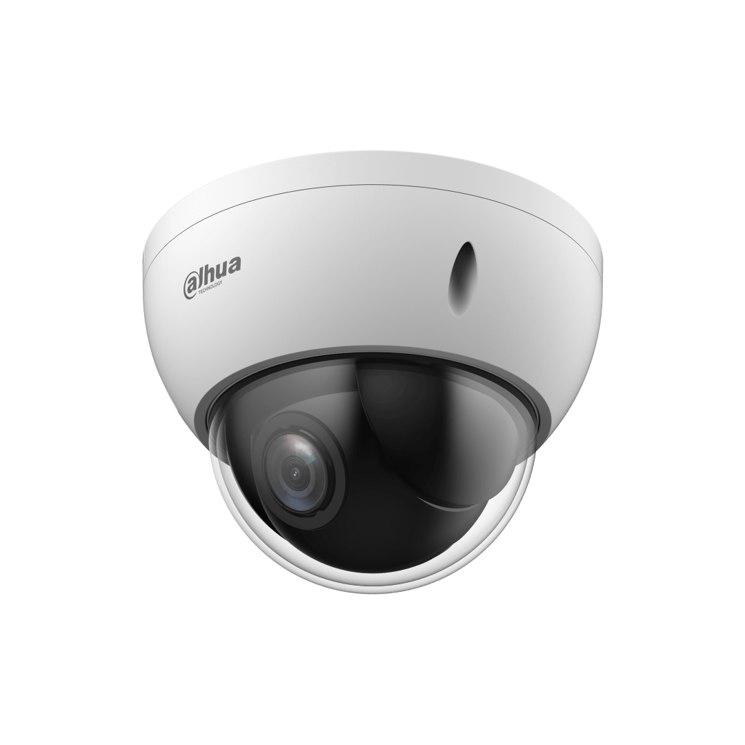 Witte Dahua WizSense mini PTZ dome camera met 4MP lens en transparante koepel voor professionele beveiliging.