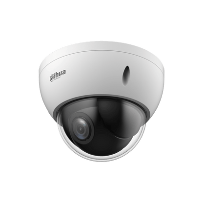 Witte Dahua WizSense mini PTZ dome camera met 4MP lens en transparante koepel voor professionele beveiliging.
