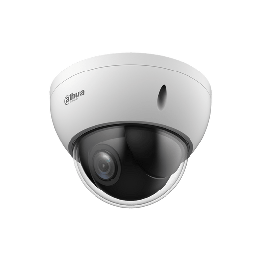 Witte Dahua WizSense mini PTZ dome camera met 4MP lens en transparante koepel voor professionele beveiliging.